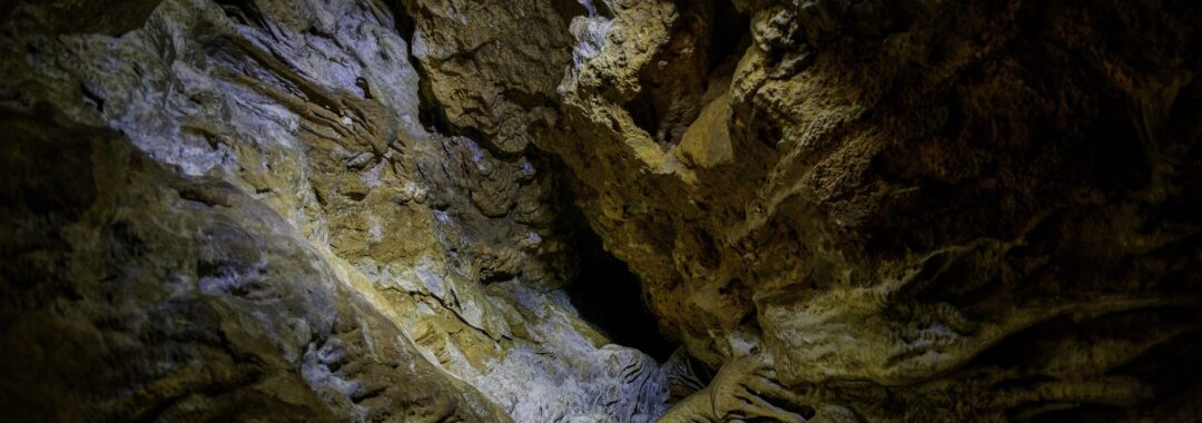 Looking upward into a cave from below. Lots of squiggly rock formations.